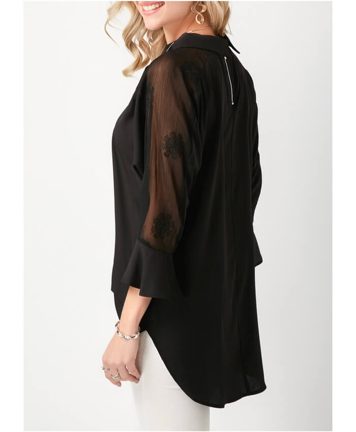 Flare Cuff Layered Mesh Panel Black Blouse